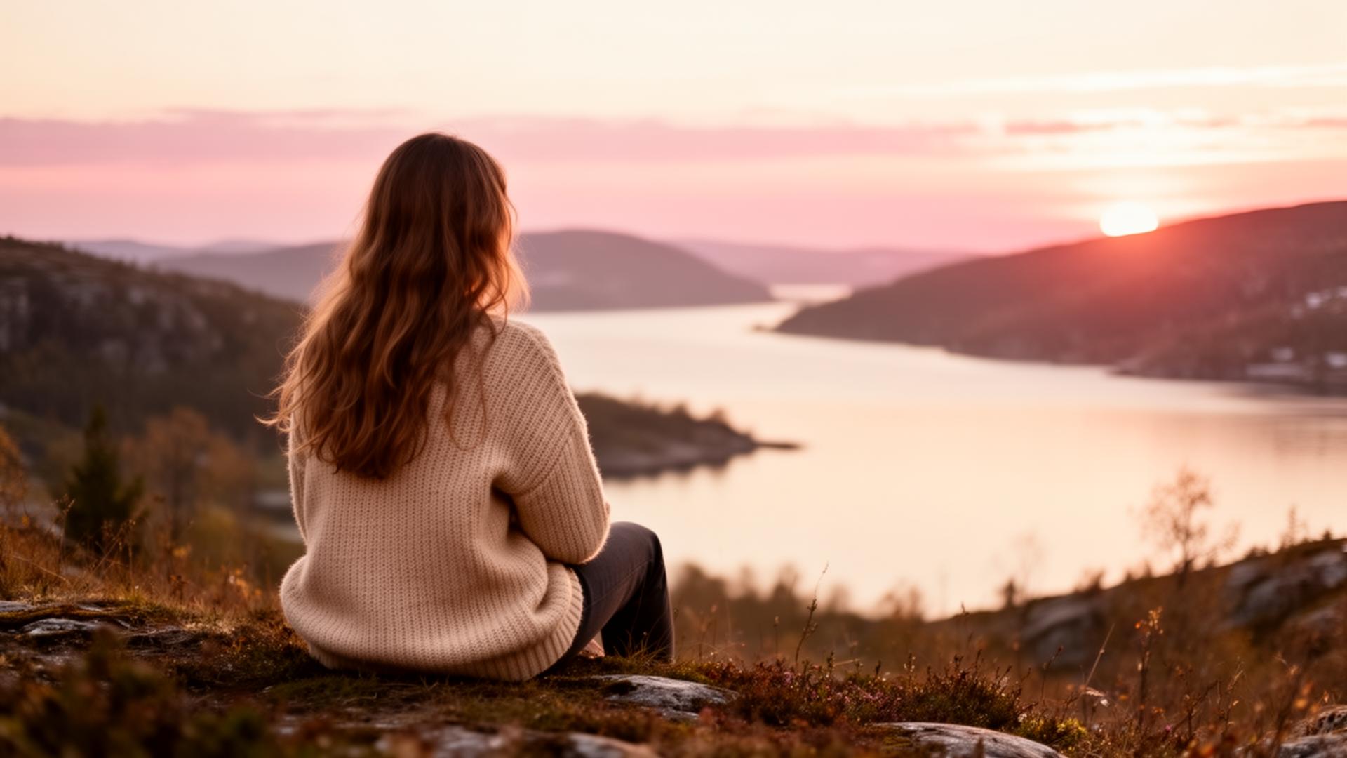 Ung person sidder roligt i naturen ved solnedgang